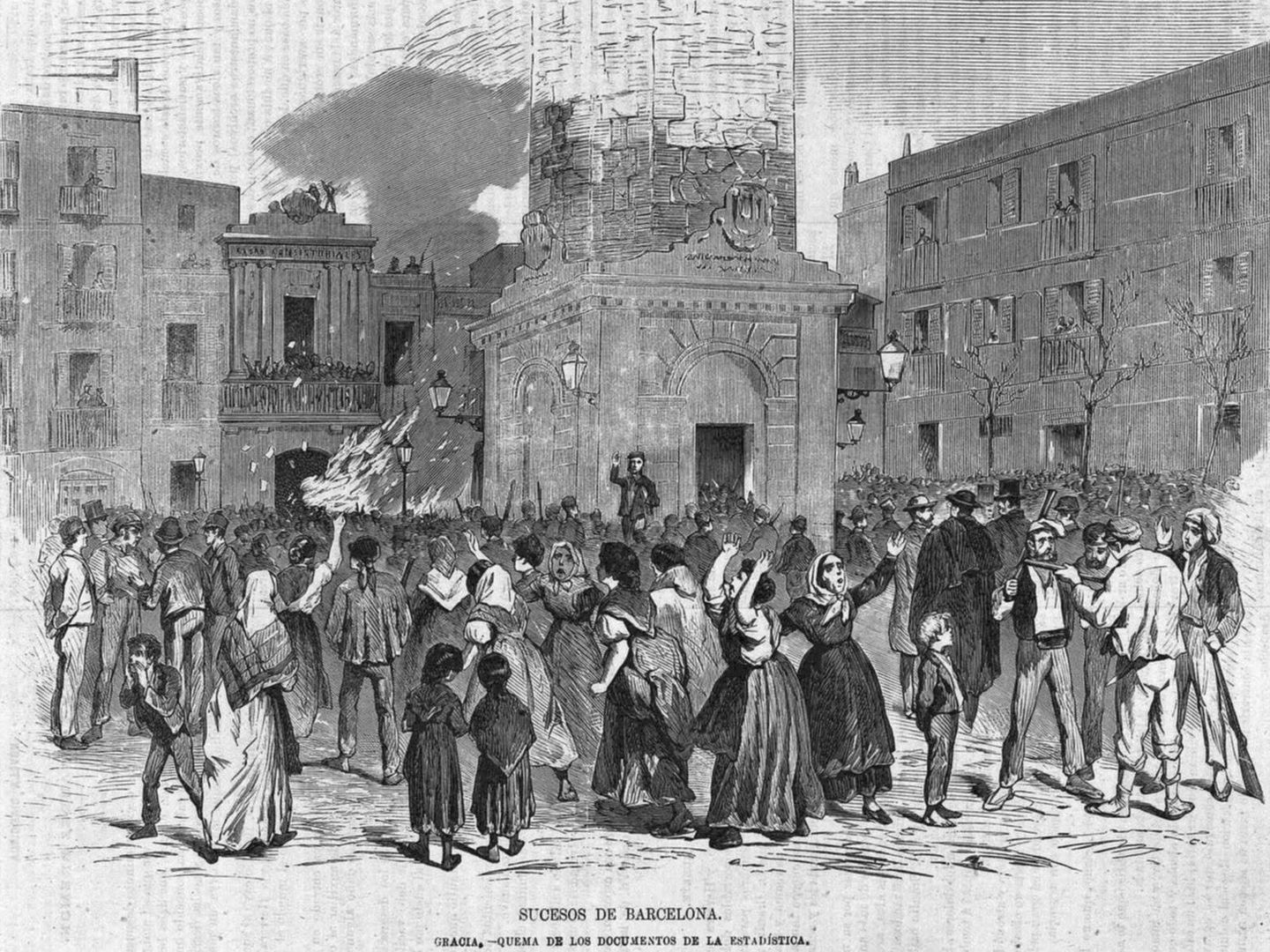 Incendio en el Registro de la Propiedad, Barcelona, 1870. ('La Ilustración de Madrid', 27 de abril de 1870)