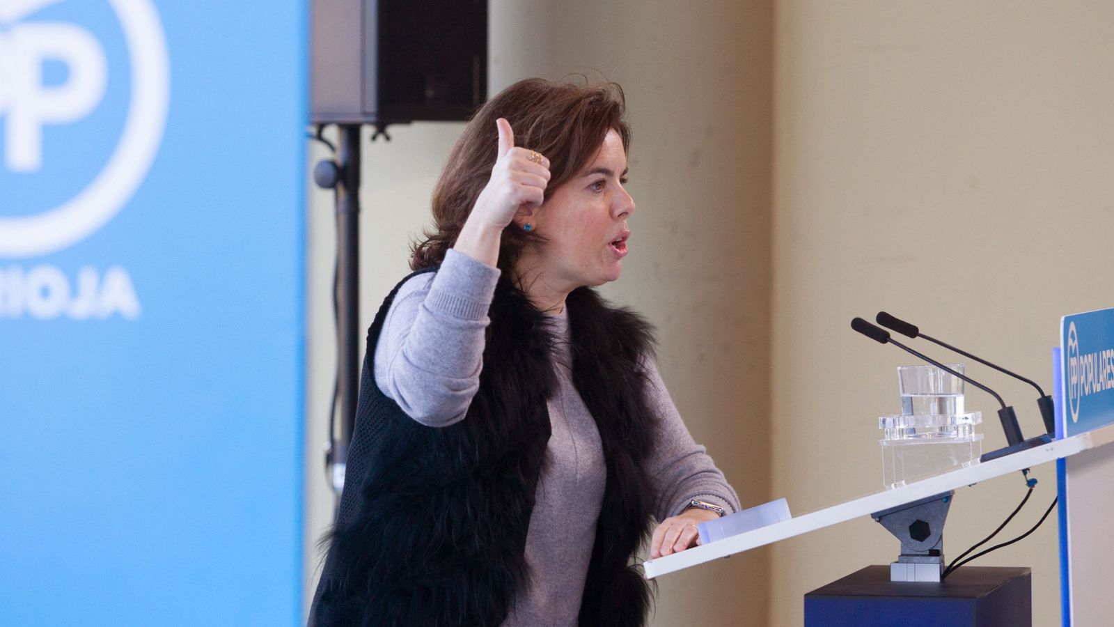 Foto: La vicepresidenta del Gobierno, Soraya Sáenz de Santamaría, durante su intervención en Logroño. (EFE)