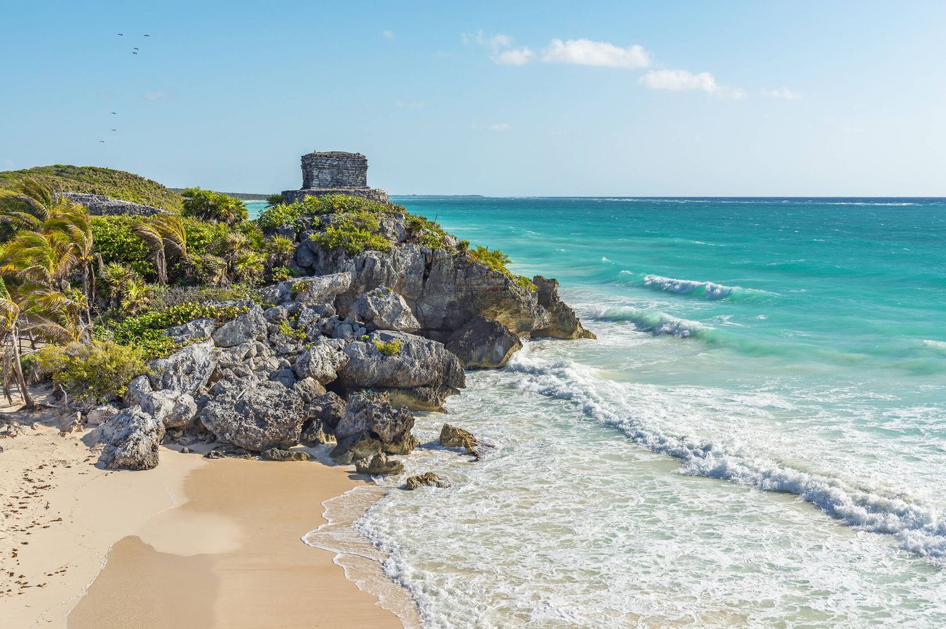 The maya ruins and beach of Tulum by the Caribbean Sea, Yucatan Peninsula, Mexico.