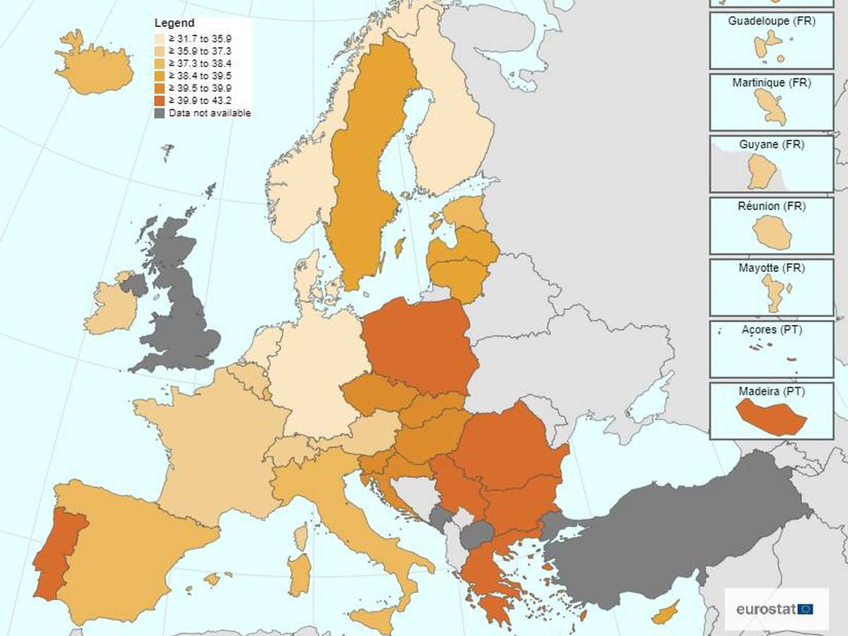 Foto: El mapa que muestra cuánto se trabaja por semana en cada país de Europa: este es el puesto de España (Mapa de ec.europa.eu/Eurostat 2022)