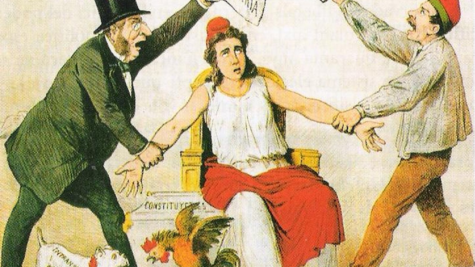 Foto: Viñeta de la revista satírica 'La Flaca' en la que se pelean los federalistas, representados por José María de Orense, y los unitarios, representados por Emilio Castelar.