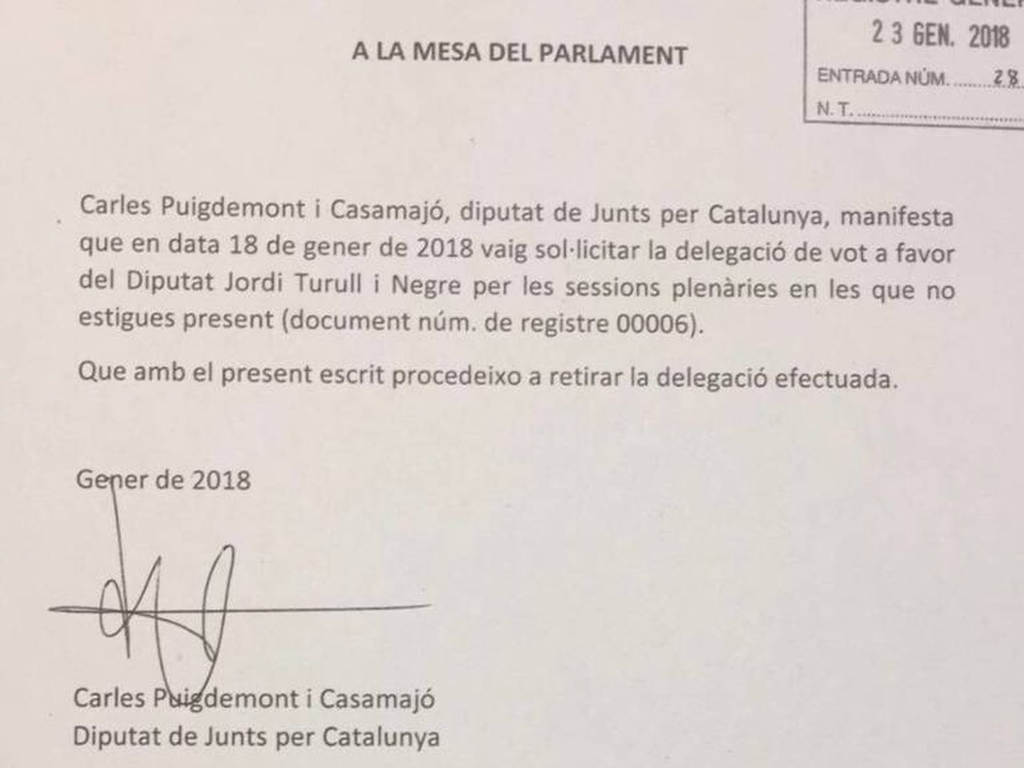Petición de JxCAT de retirar la delegación de voto de Puigdemont