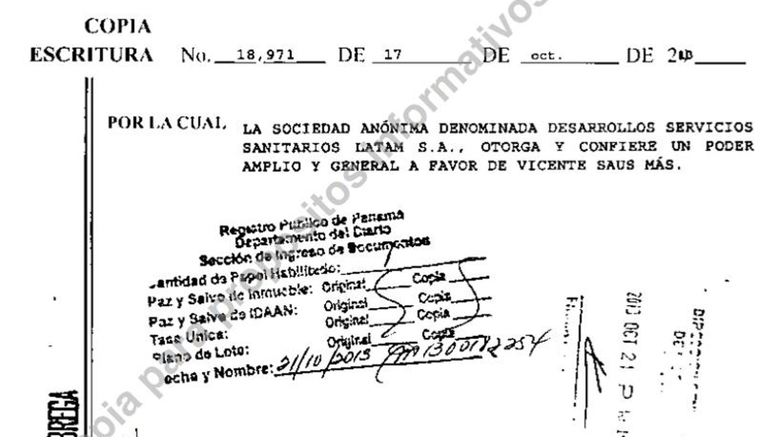 Foto: Escritura que da todo el poder a Vicente Saus en la sociedad de Panamá Desarrollos Servicios Sanitarios Latam