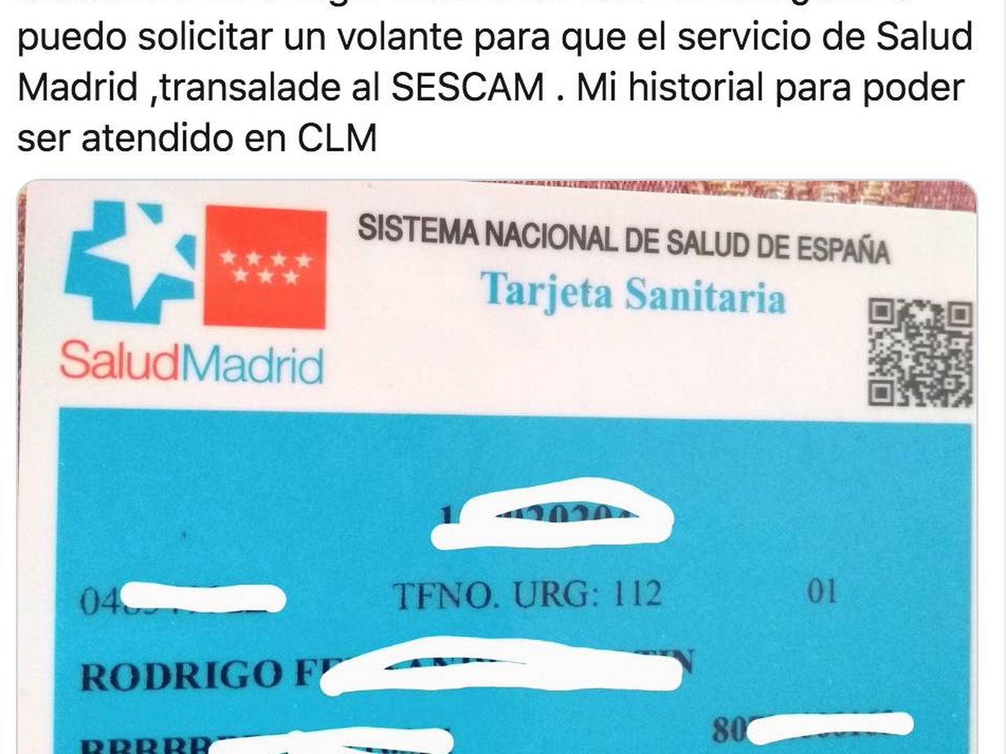 Un residente de Madrid pide por Twitter ser atendido por el sistema de Castilla-La Mancha. 
