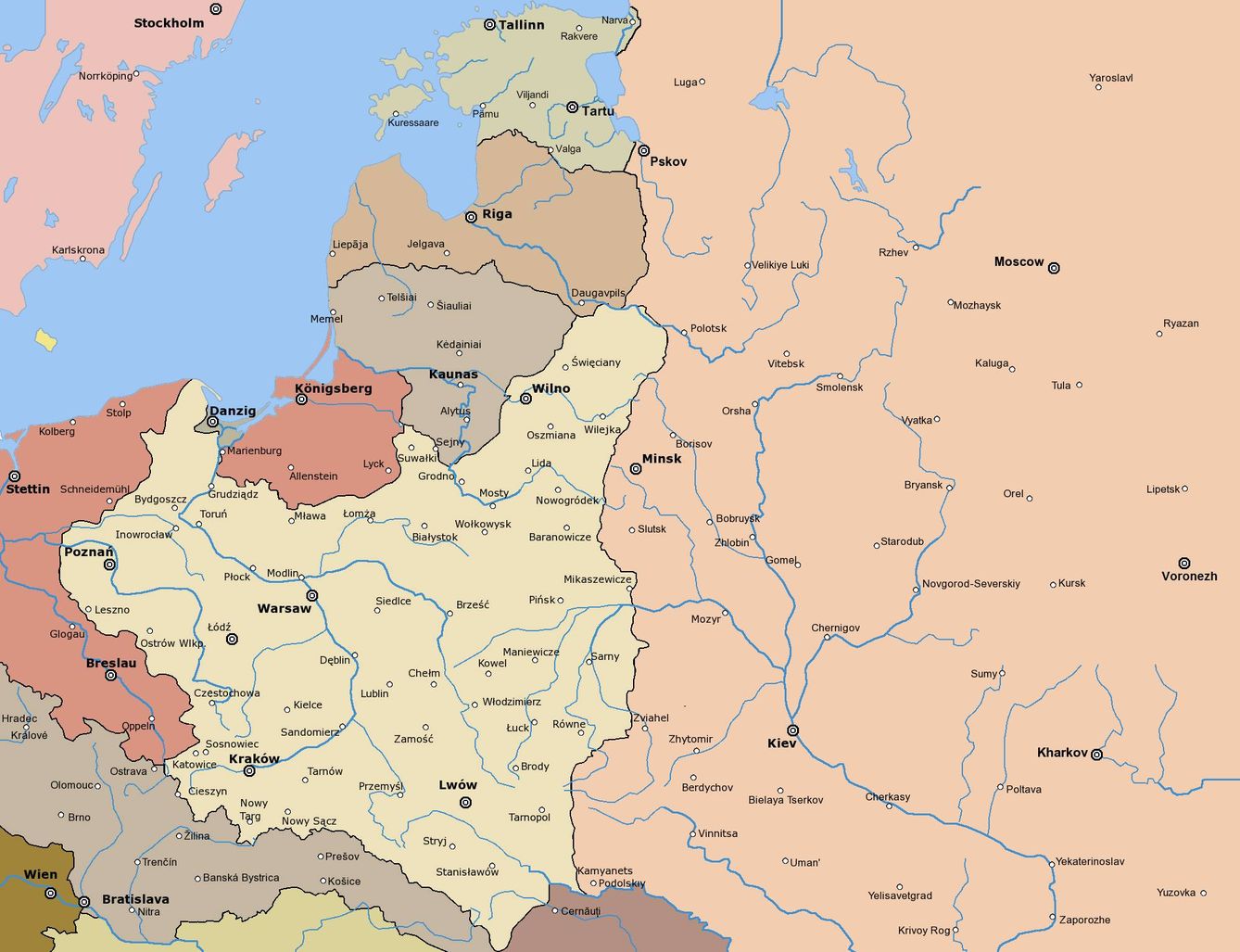 Mapa con las fronteras del tratado de Riga de 1921-22.