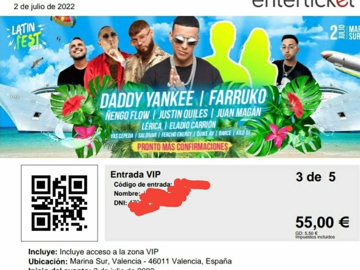 Una de las entradas del Latin Fest de Valencia, con la imagen de Daddy Yankee y Farruko, ninguno confirmado.