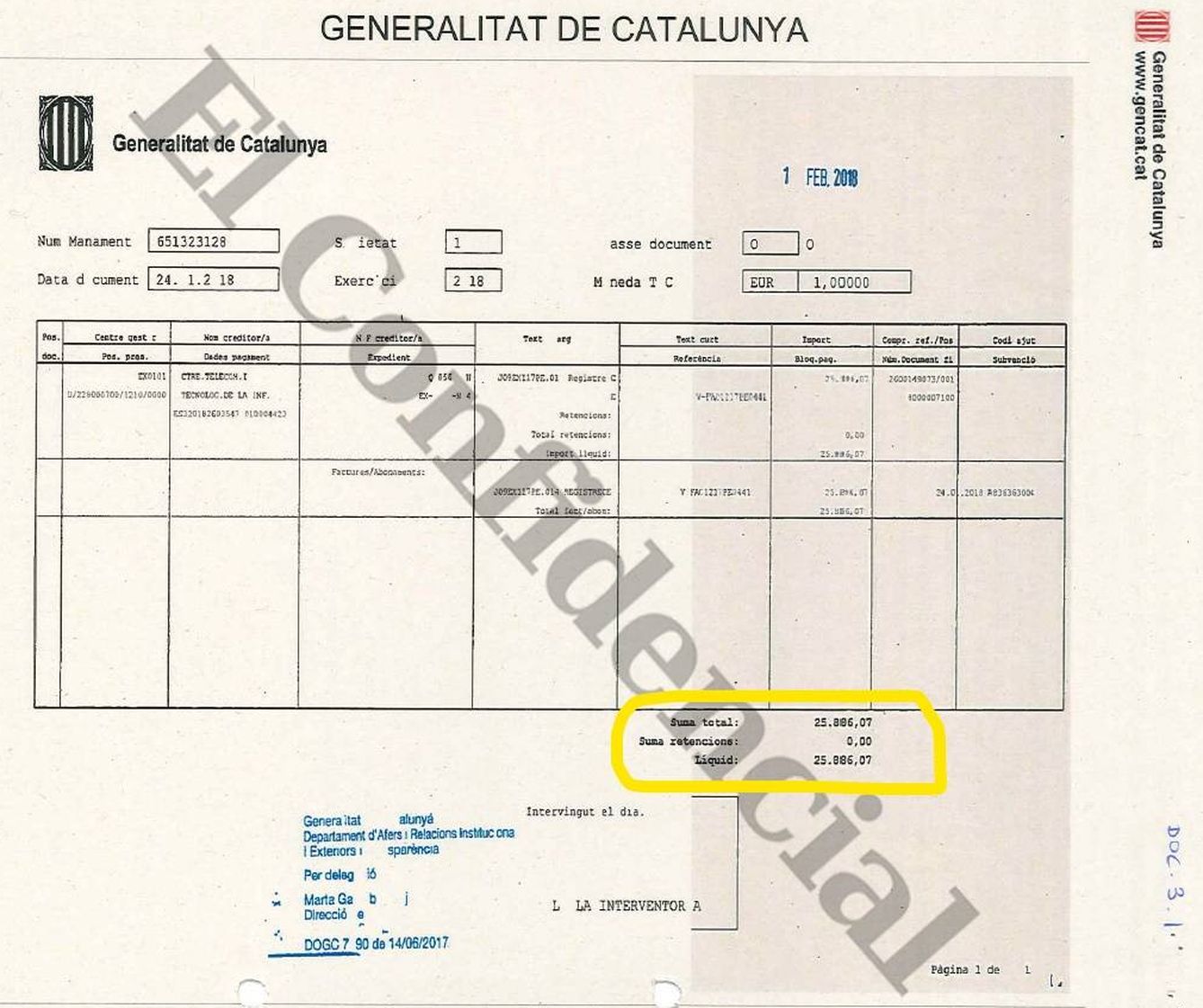 Factura enviada en enero de 2018 sobre el registro de catalanes en el exterior