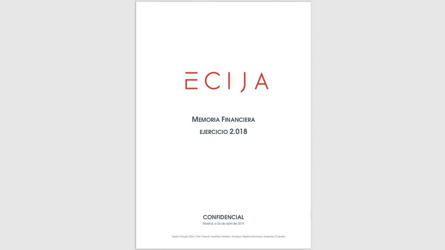 Portada del documento 'Memoria financiera - Ejercicio 2018', remitido por Ecija a El Confidencial el 19 de abril de 2021.