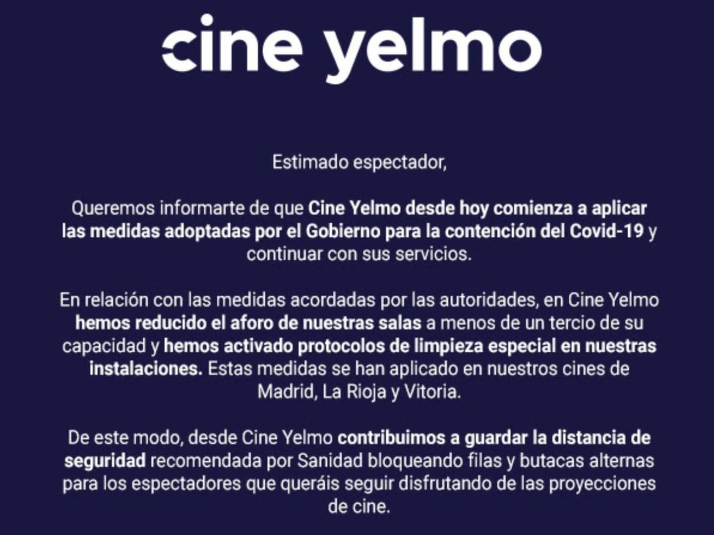 El anuncio de Cine Yelmo sobre las medidas contra el coronavirus