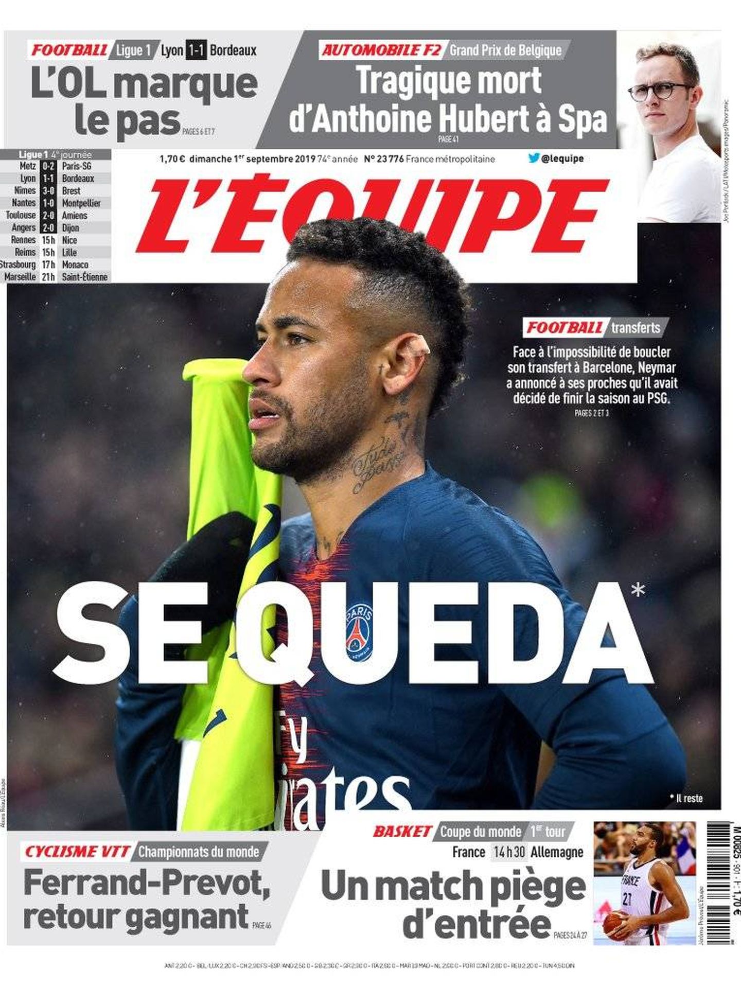 La portada de 'L'Èquipe' del domingo 1 de septiembre.