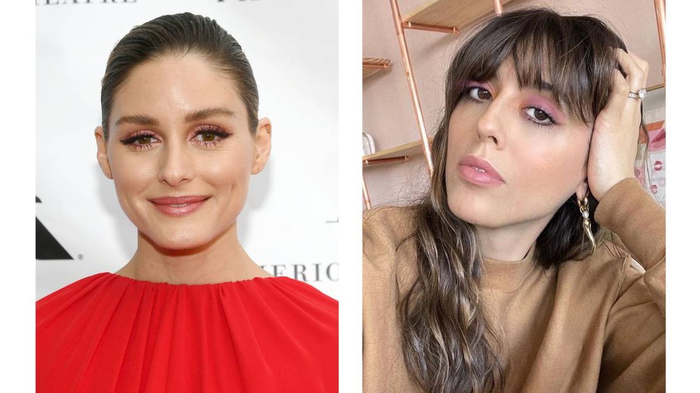 Olivia Palermo con maquillaje en tonos rosas y delineado, y Violette Serrat con maquillaje con sombras rosas y delineado a juego. (Getty/Instagram)