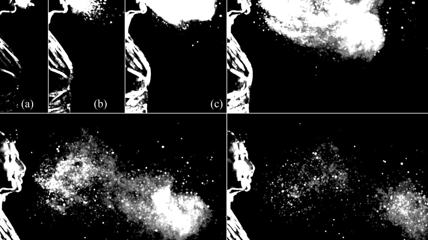 Evolución de las nubes de gotas emitidas en un estornudo (Foto: MIT)