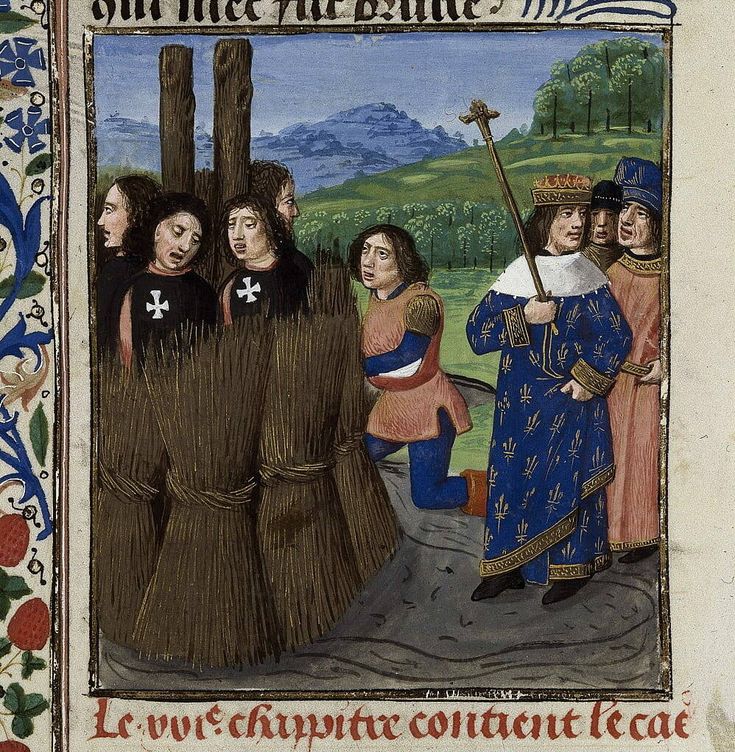 Ilustración de la ejecución de los templarios, según Bocaccio en 'De casibus virorum illustrium'. 1373.