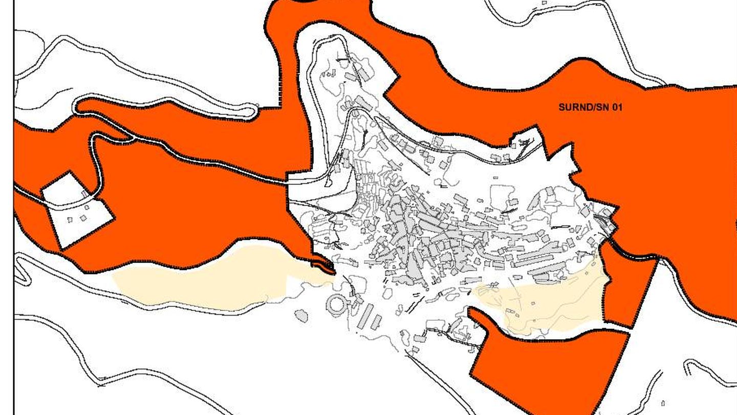 Mapa de Guisando, en rojo todo el suelo urbanizable del municipio. (Junta CyL)