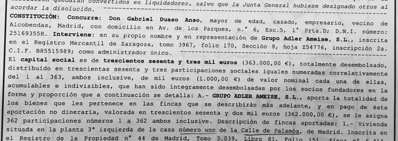 Constitución de MDS Reit a nombre de Gabriel Duaso. Su inmobiliaria Adler Ameise, de la que Encinar es apoderado, aporta pisos.