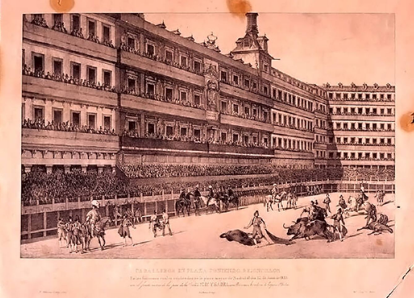 Un grabado con una corrida de toros en la Plaza Mayor con motivo de la jura de Isabel II. (Cedida: Archivo de la Comunidad de Madrid)