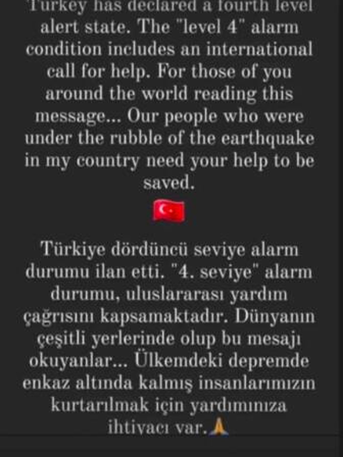 La petición de ayuda de la actriz turca desde sus redes. (Instagram/@HilalAltınbilek)