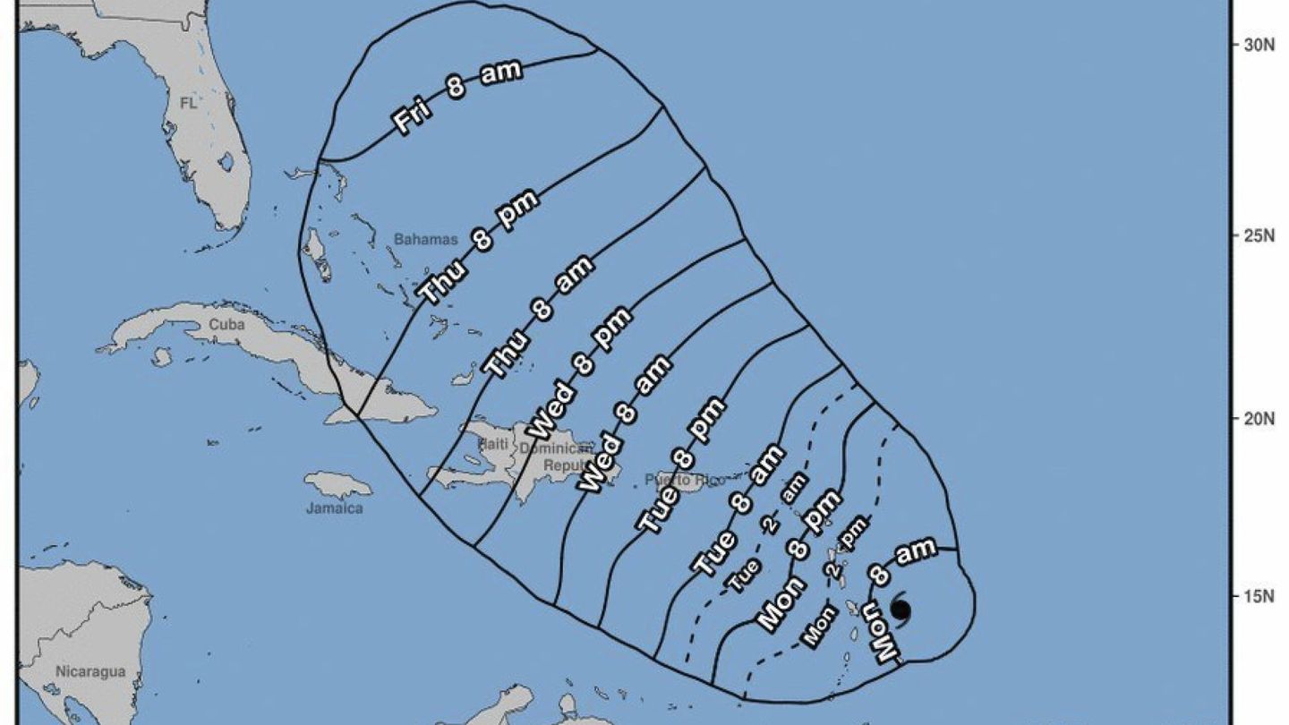 Representación que muestra la posible trayectoria de la tormenta tropical María en el Océano Atlántico. (EFE)