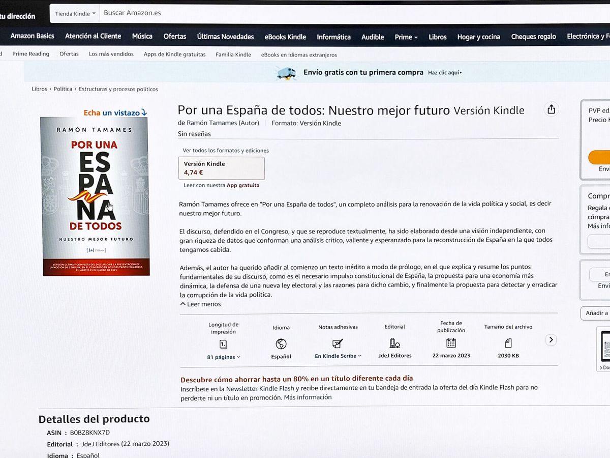 Foto: Captura de pantalla en la que el economista Ramón Tamames ha puesto a la venta en la plataforma de comercio electrónico Amazon su discurso. (EFE)