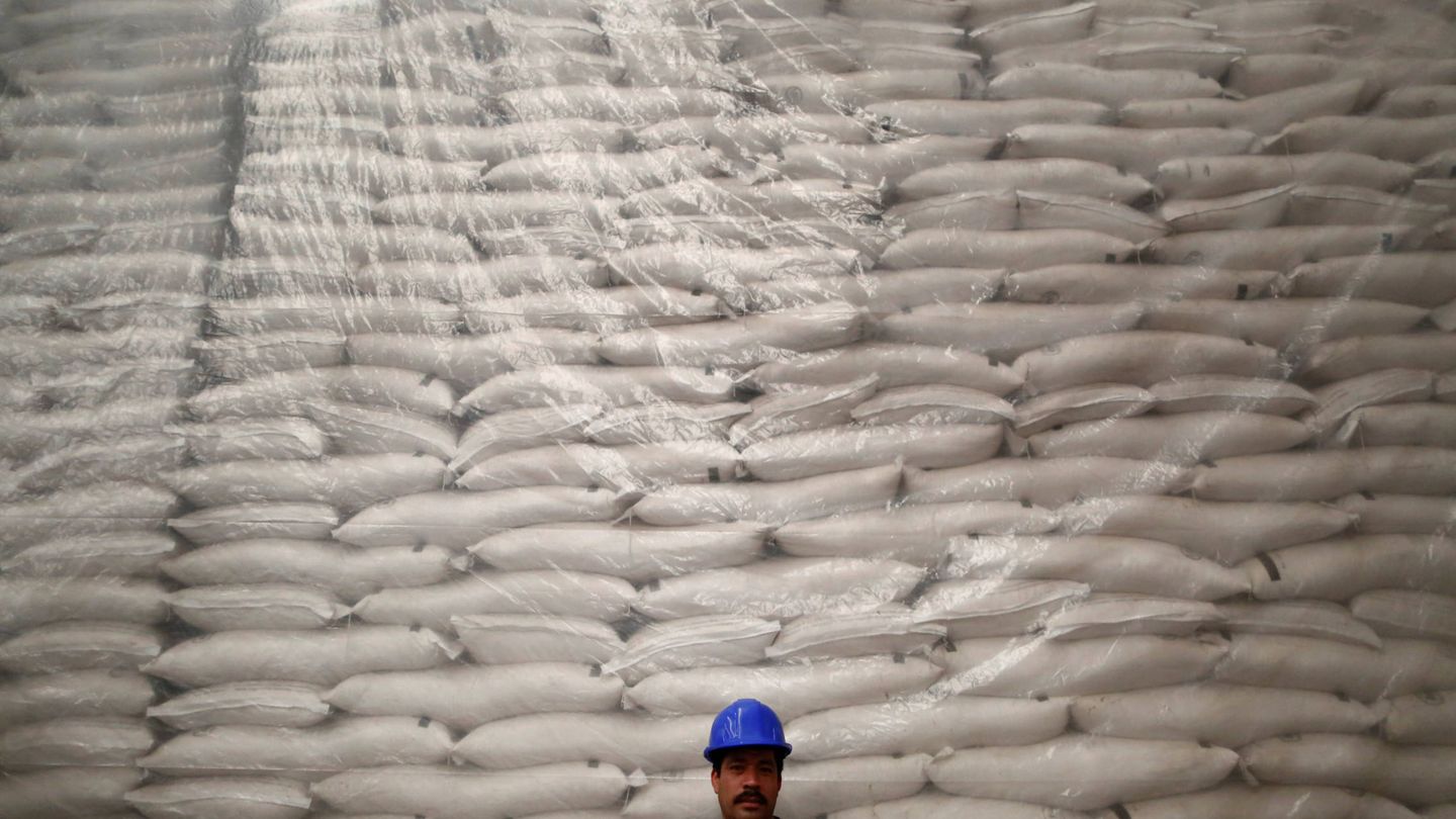 Un trabajador posa frente a sacos de azúcar en el silo de azúcar Emiliano Zapata de Zacatepec de Hidalgo, México (Edgard Garrido / EFE)