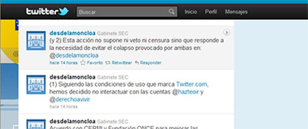 Foto: El Twitter de Moncloa la vuelve a liar: 'veta'  a dos organizaciones ultraconservadoras