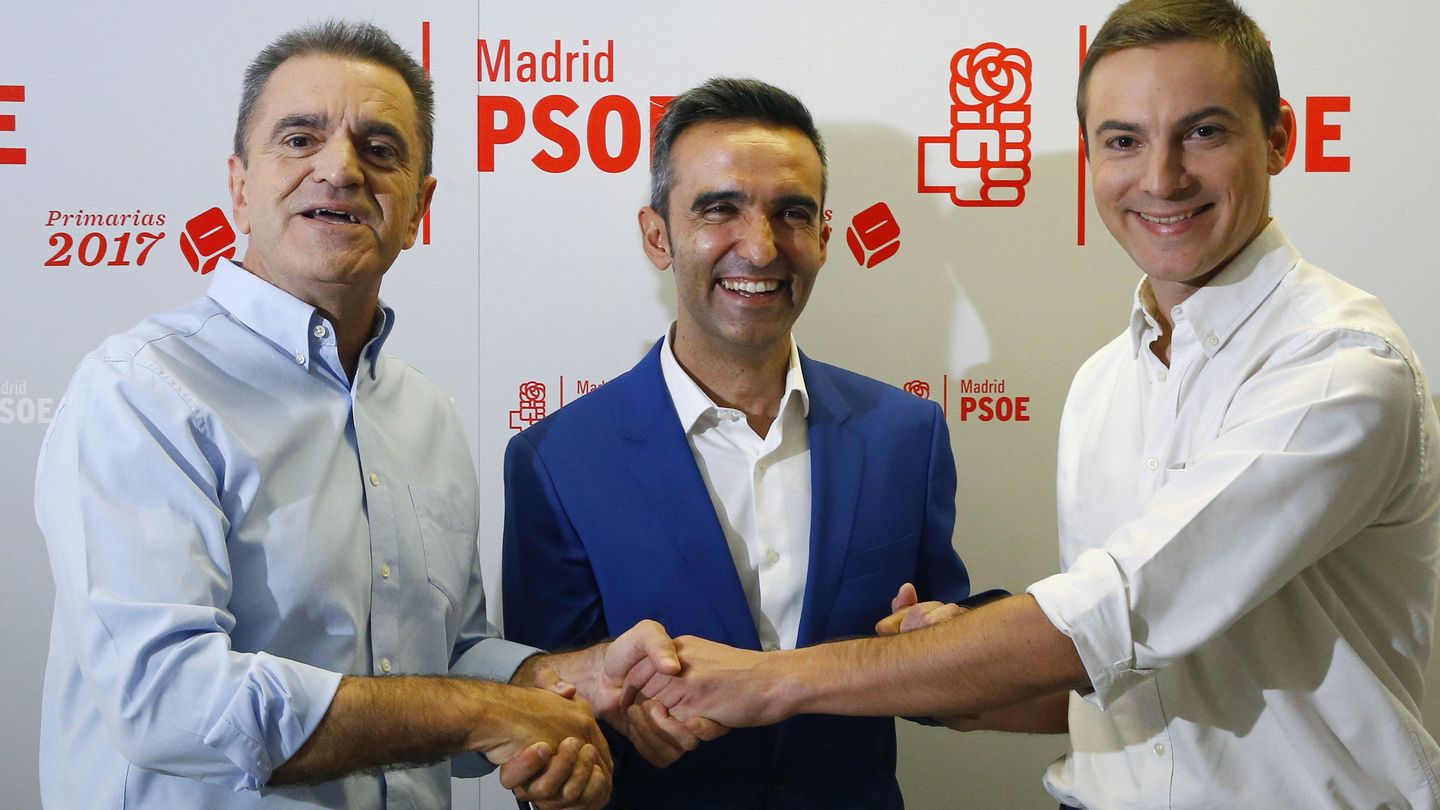 José Manuel Franco (i), Eusebio González (c) y Juan Lobato (d), el pasado 26 de septiembre antes del debate entre los tres candidatos en la sede del PSOE-M. (EFE)