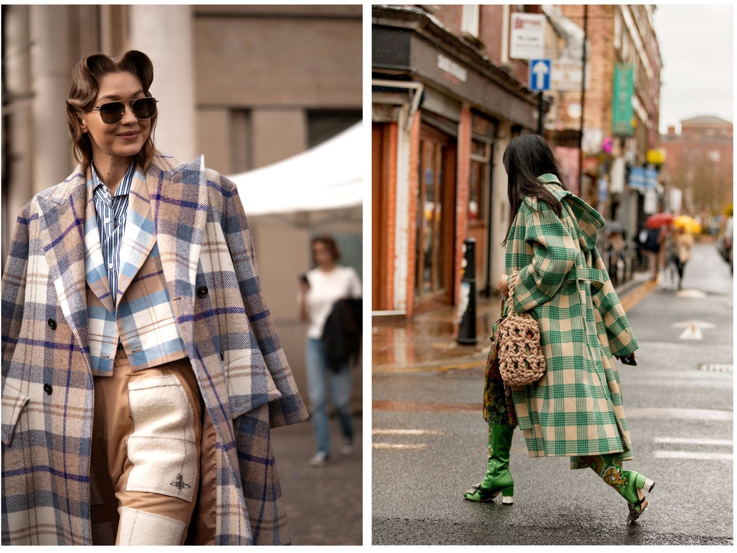 La modelo Gigi Hadid con un look a cuadros y una influencer con un abrigo tartán. (Imaxtree)