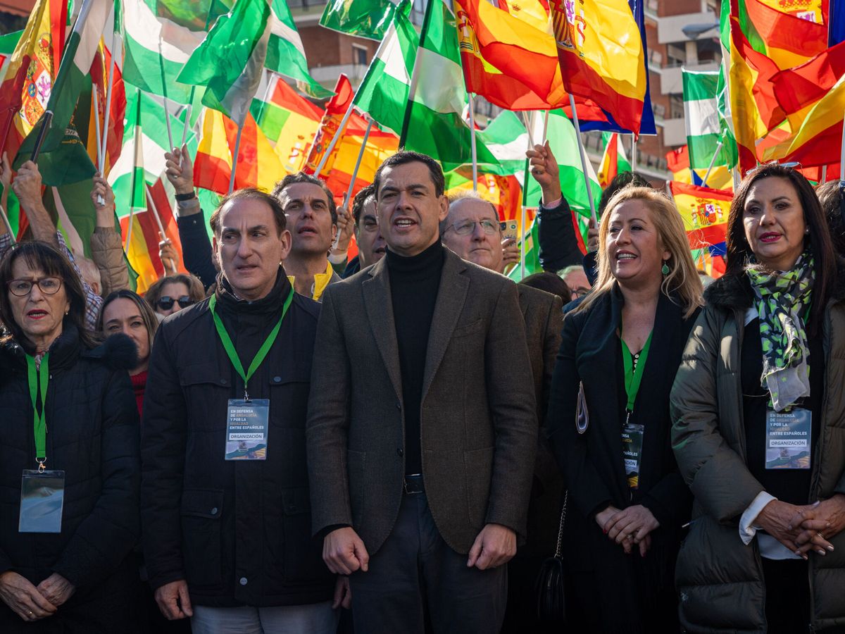 Foto: Juanma Moreno, en la manifestación convocada bajo el lema "Yo defiendo Andalucía". (Europa Press/Francisco J. Olmo)