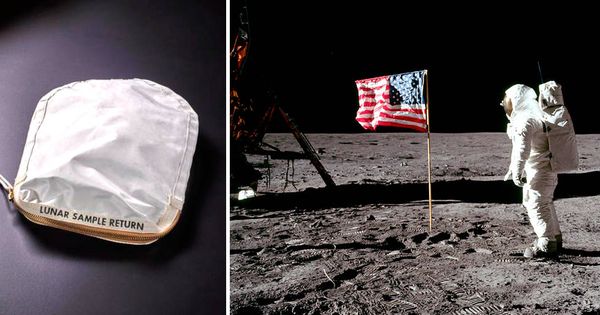 Foto: A la izquierda, la bolsa con restos de polvo lunar que se subastará el 20 de julio. A la derecha, Armstrong pisando la Luna