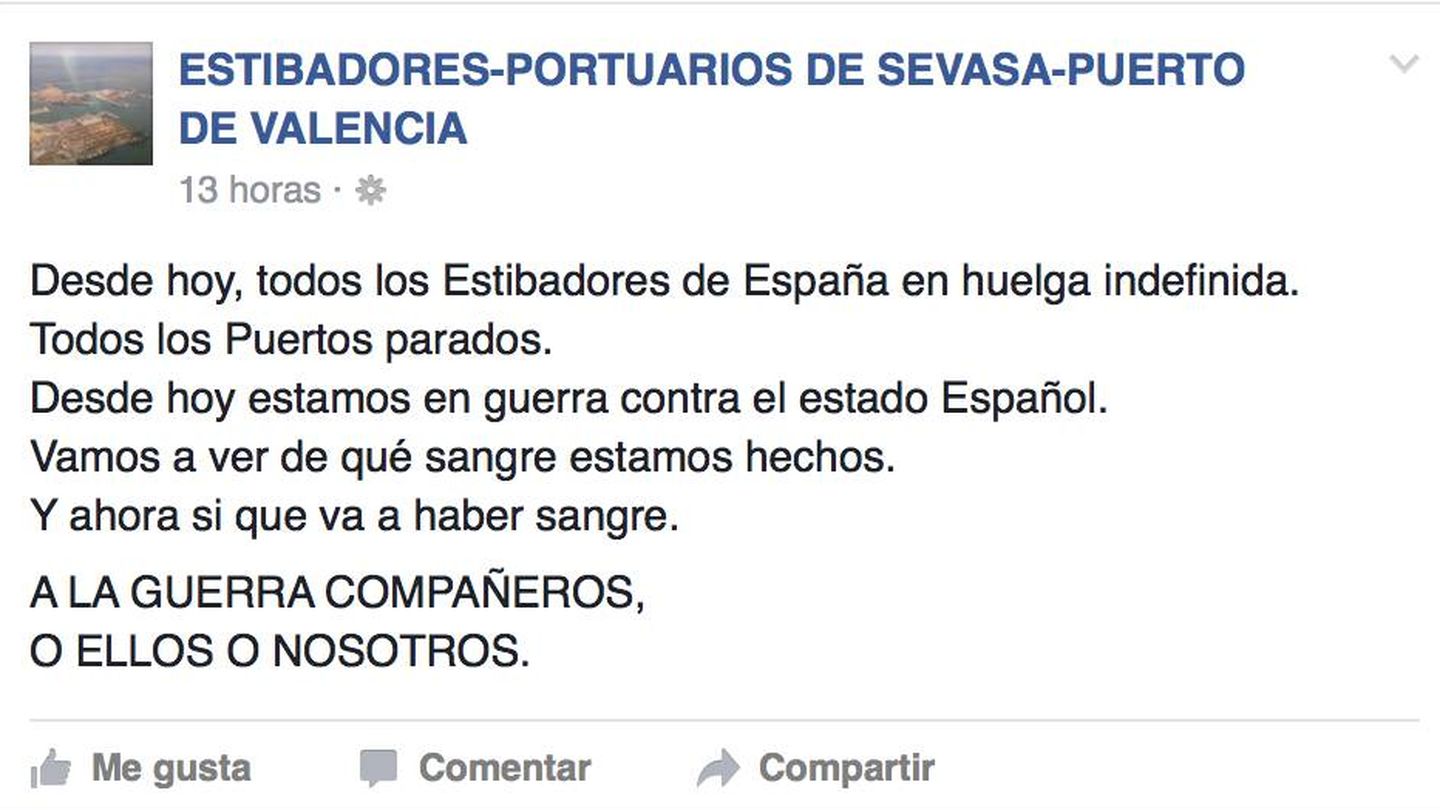 Soflamas en un muro de Facebook no oficial de estibadores de Valencia.