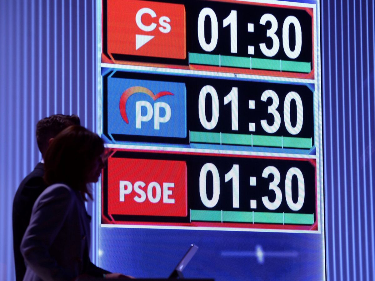Foto: Detalle de los cronómetros de tiempo en un debate electoral. (EFE/Nacho Gallego)