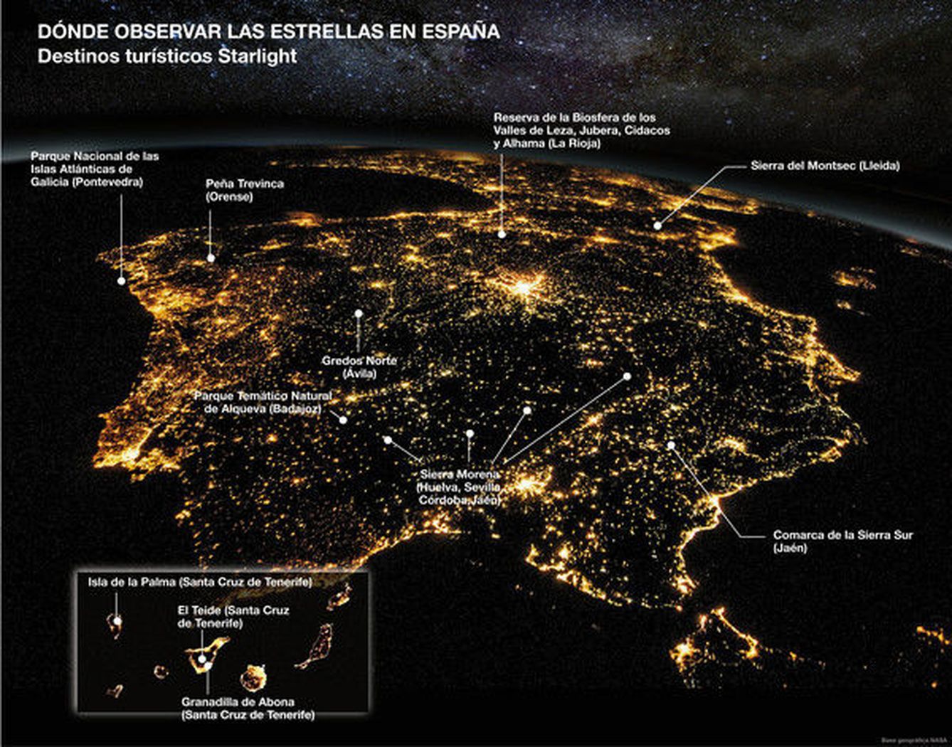 Esta infografía muestra las localizaciones de los destinos turísticos escogidos por la fundación Starlight en España. / José Antonio Peñas