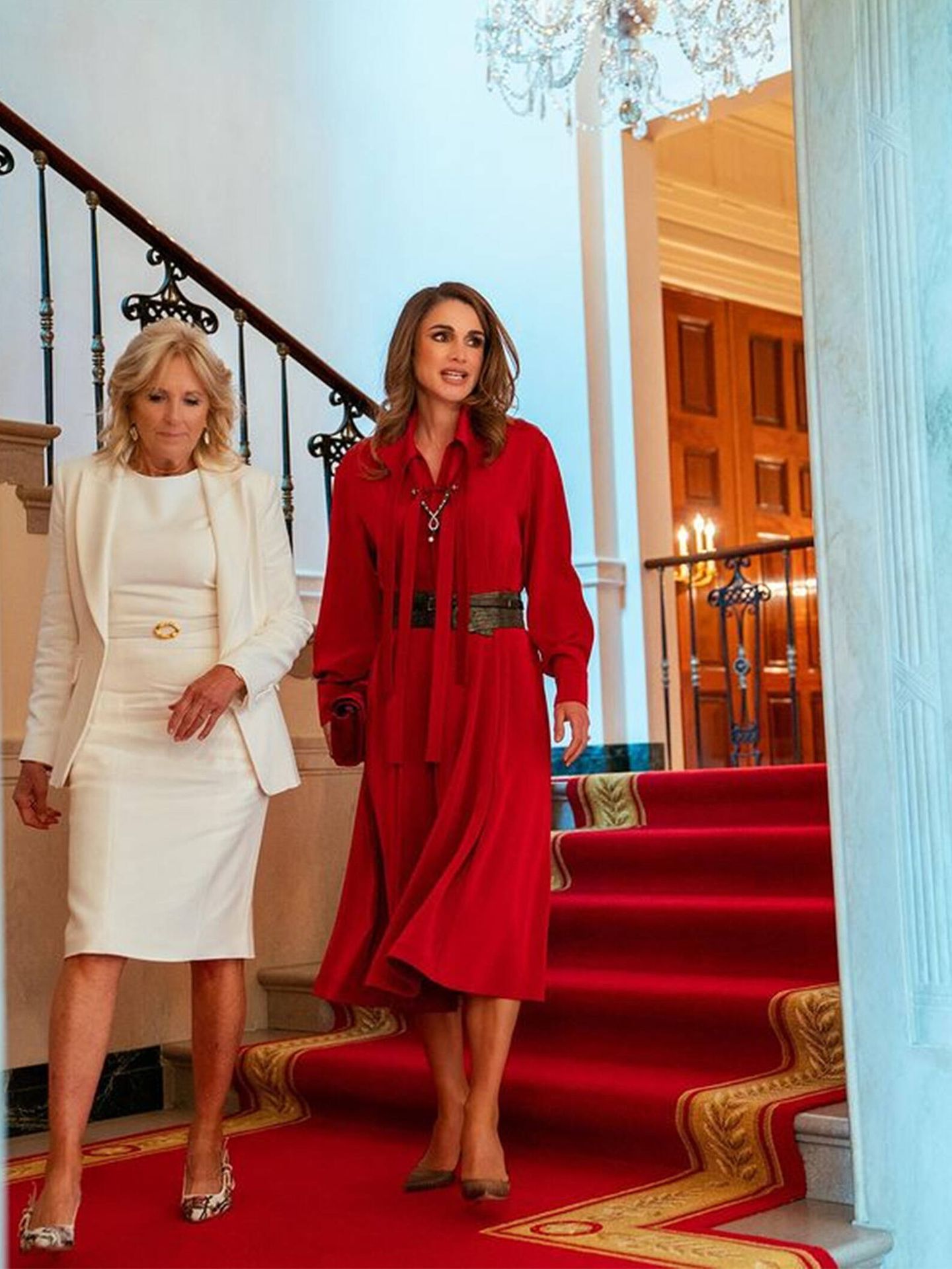 Rania de Jordania y Jill Biden, durante su encuentro en la Casa Blanca. (Instagram @queenrania)