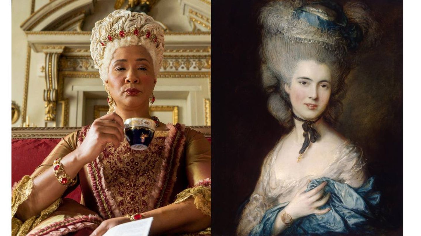 La reina Charlotte y 'La dama de azul' de Thomas Gainsborough. (Netflix)
