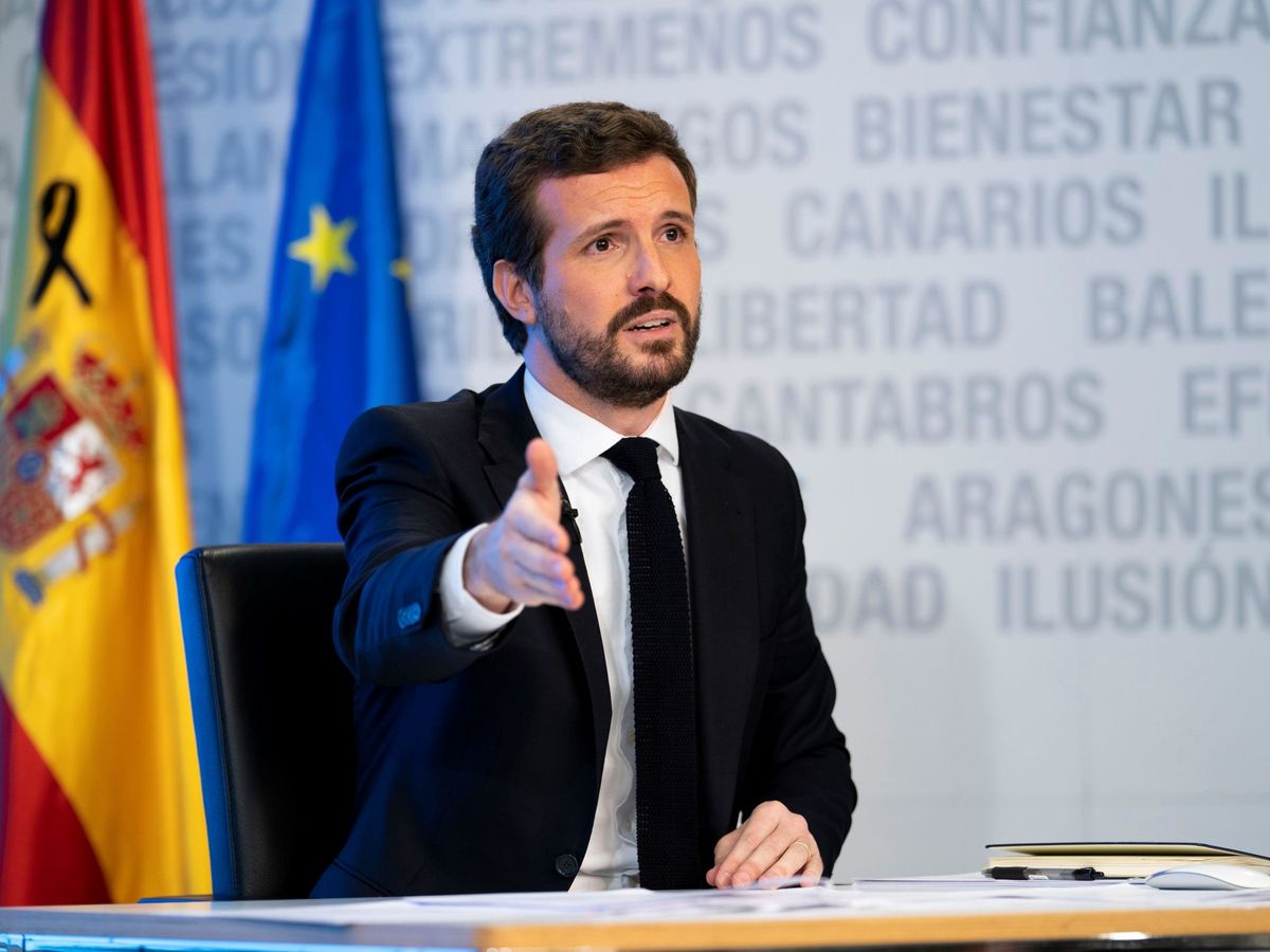 Foto: Fotografía facilitada por el PP de su presidente, Pablo Casado, durante la rueda de prensa telemática. (EFE)