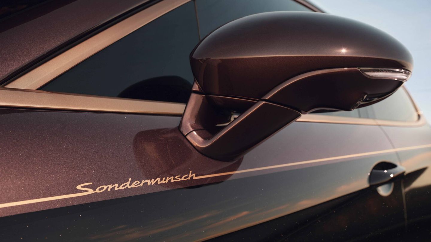 En el exterior, por ejemplo, bajo el retrovisor, aparece el logotipo Sonderwunsch.