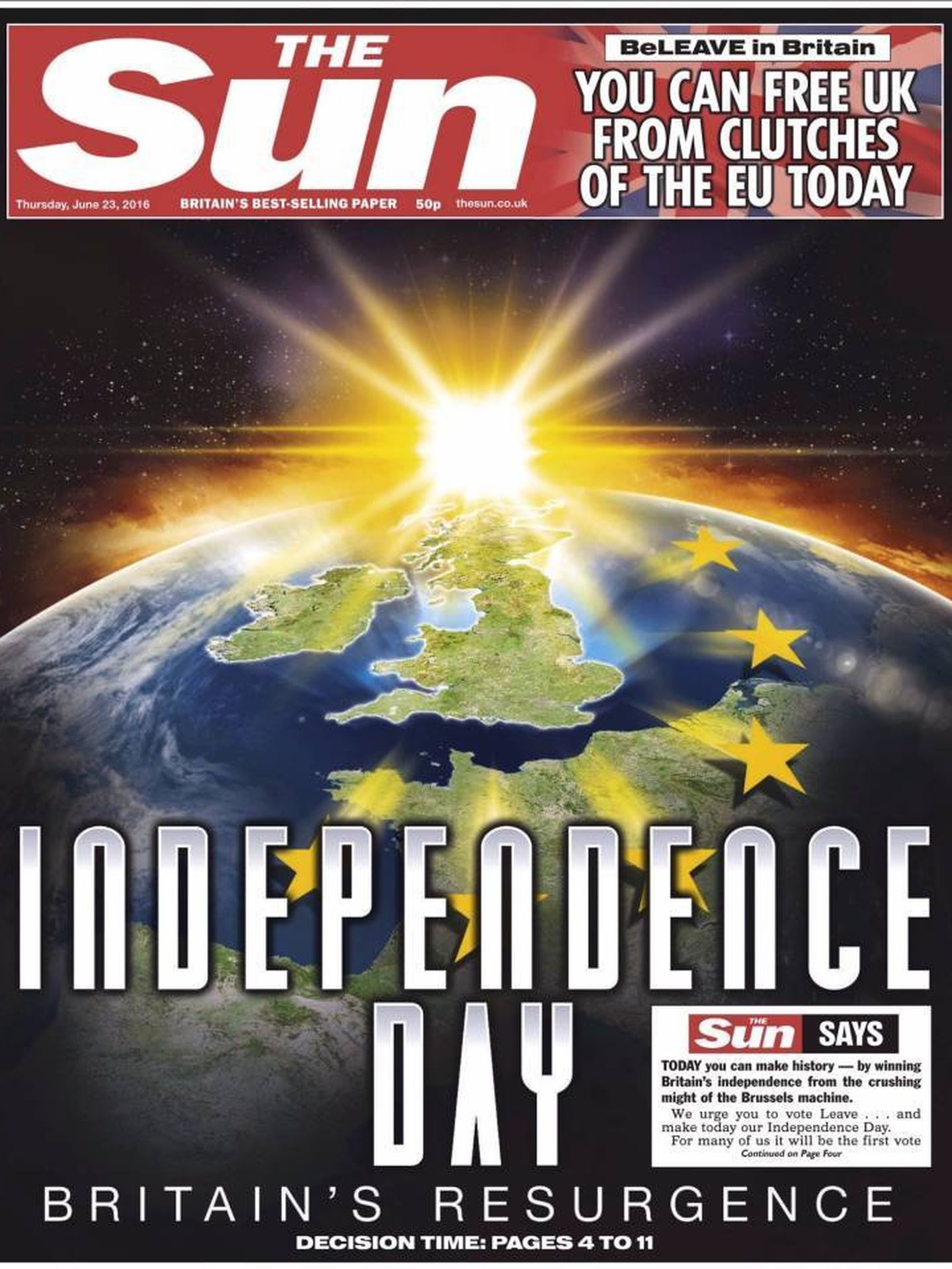Diario 'The Sun', a favor del 'brexit'. (EC)