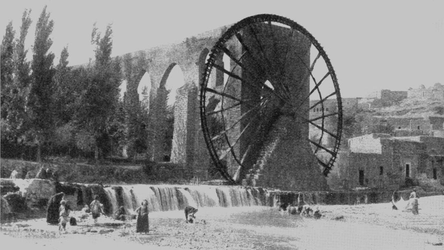 Antigua rueda hidráulica siria para riego. (Wikimedia)
