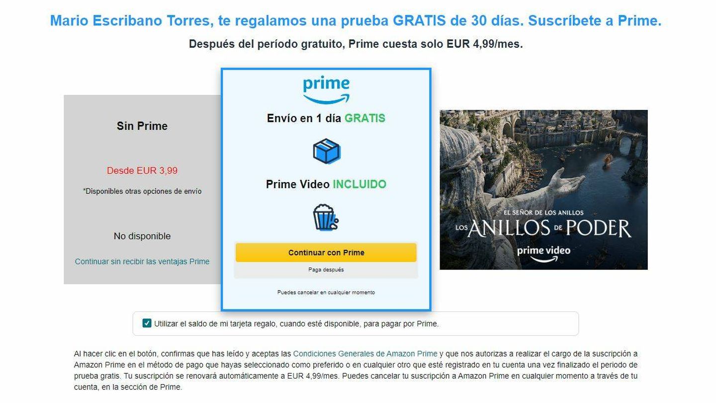 La primera oferta de Amazon Prime al hacer una compra.
