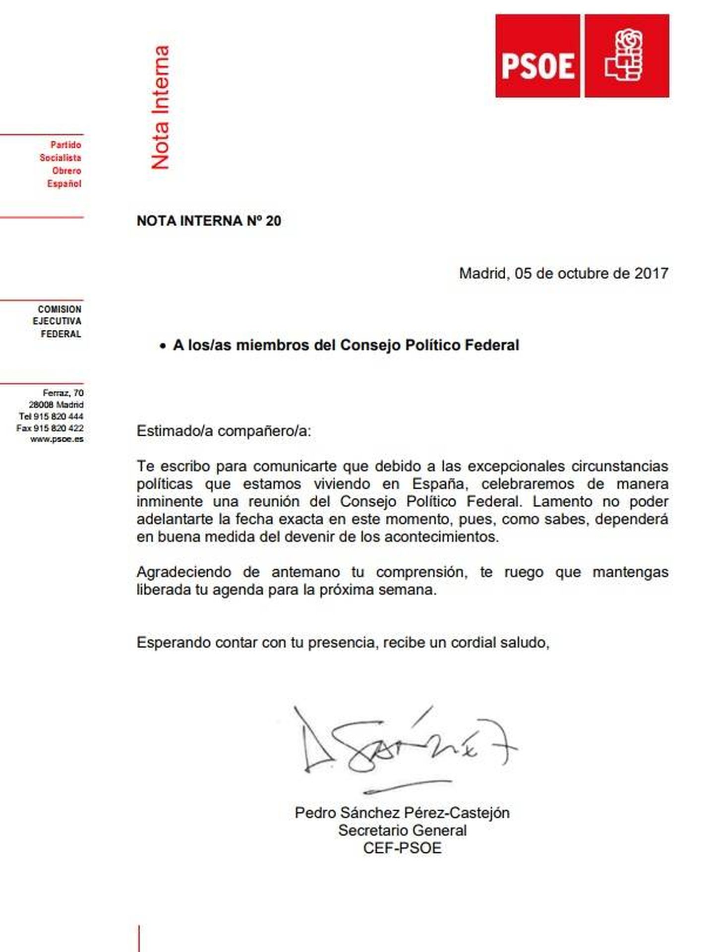 Consulte aquí en PDF la convocatoria extraordinaria de la ejecutiva, del consejo político federal y del comité federal del PSOE. (EC)