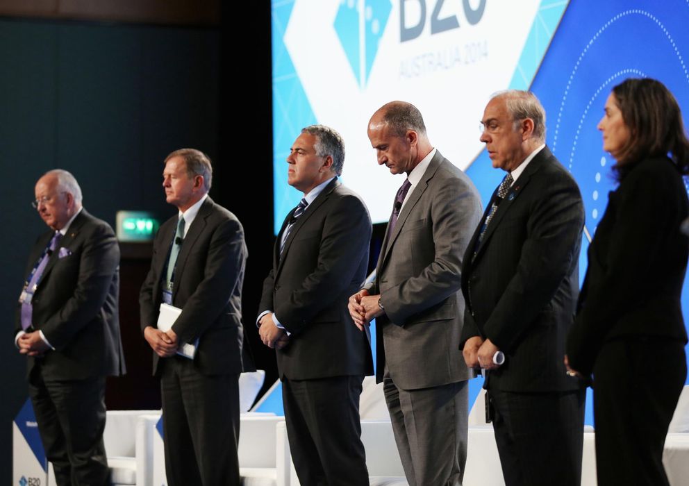 Foto: Los CEO de distintas multinacionales antes de comenzar una conferencia en la reunión del B20, en Sidney. (Reuters)