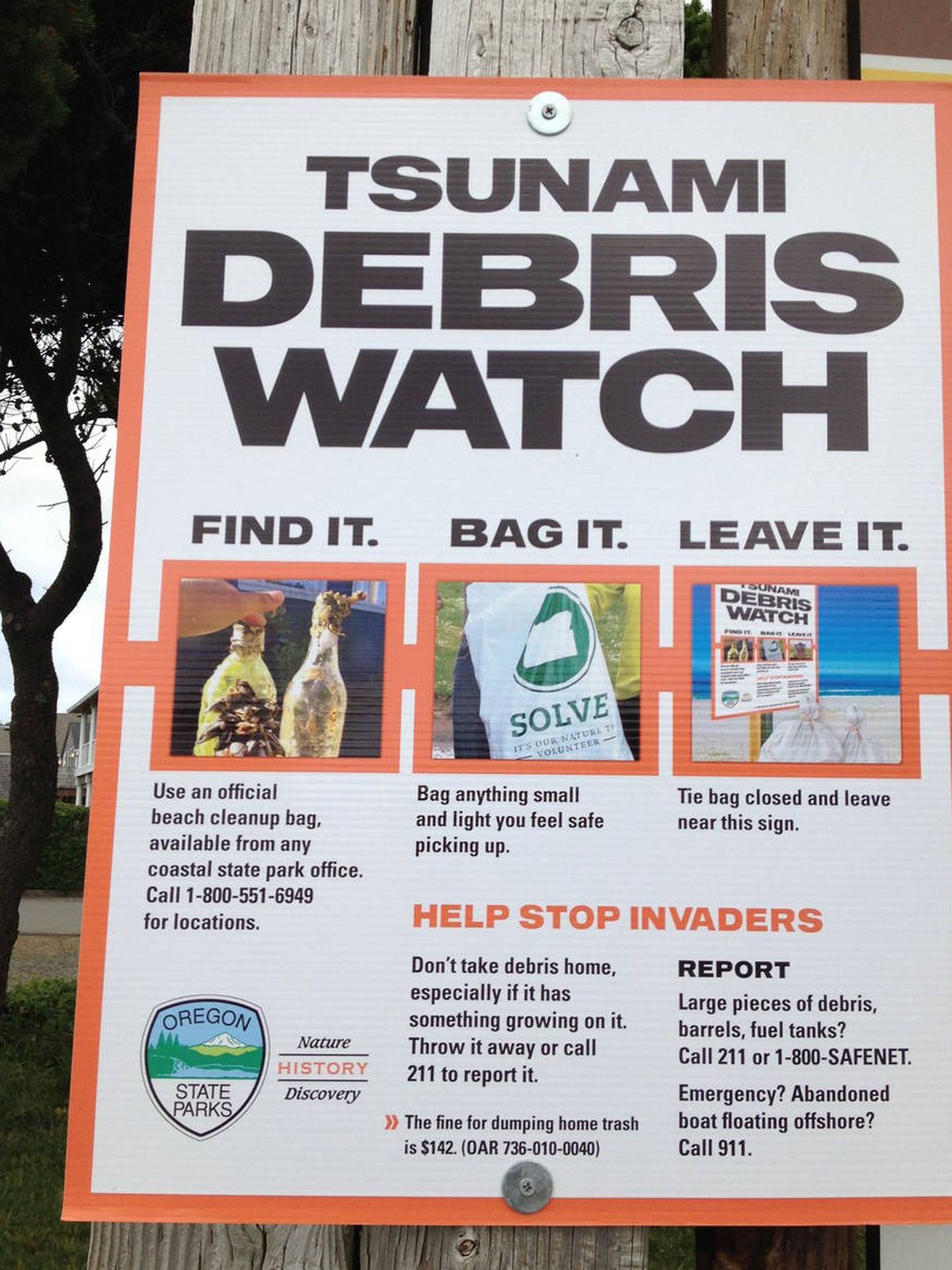 Cartel en Oregón advirtiendo de los escombros extranjeros del tsunami. (James T. Carlton)