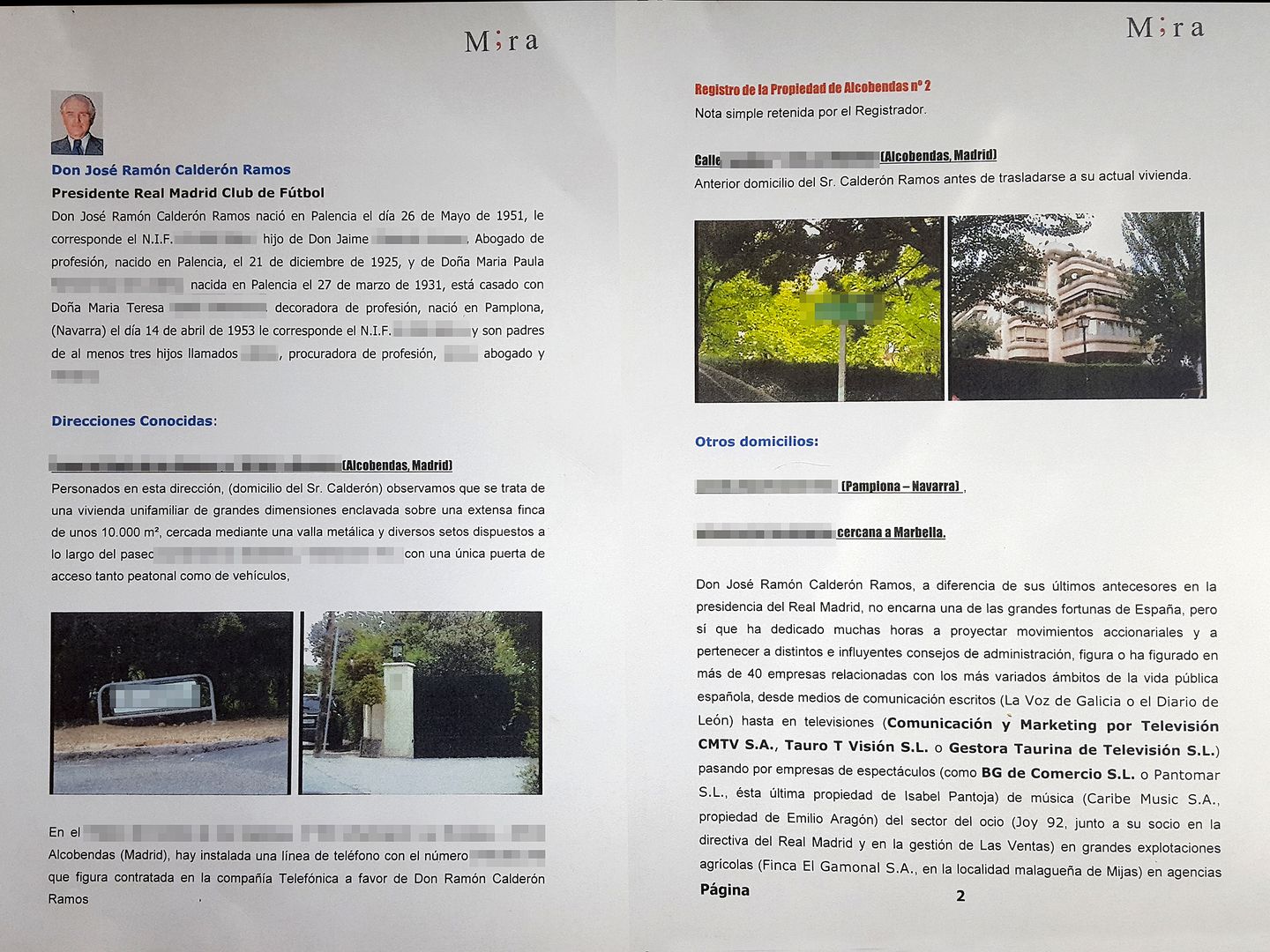  Las primeras páginas del dossier que la agencia de detectives Mira elaboró sobre Ramón Calderón
